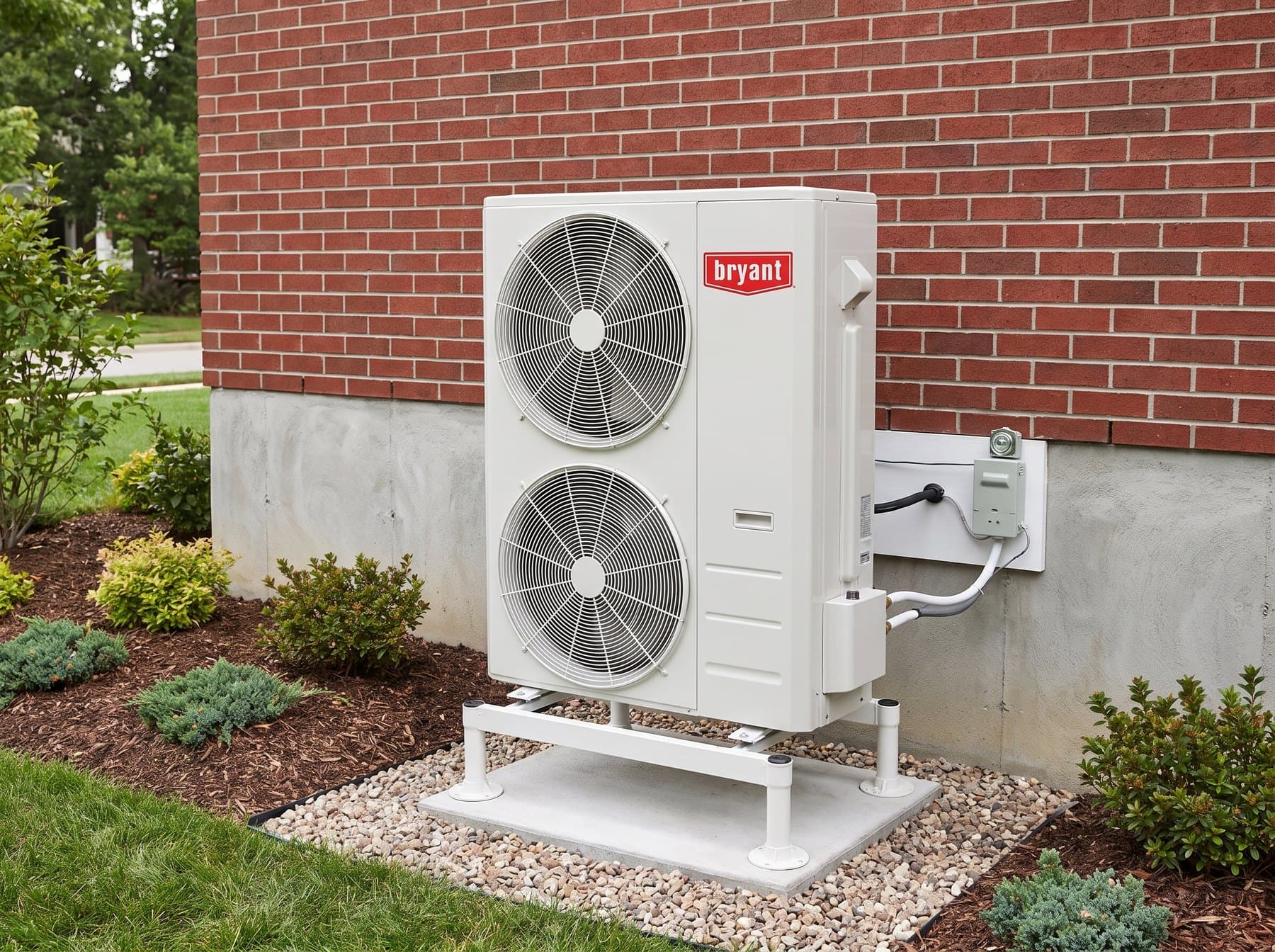 Bryant outdoor unit raised on a stand against a brick wall